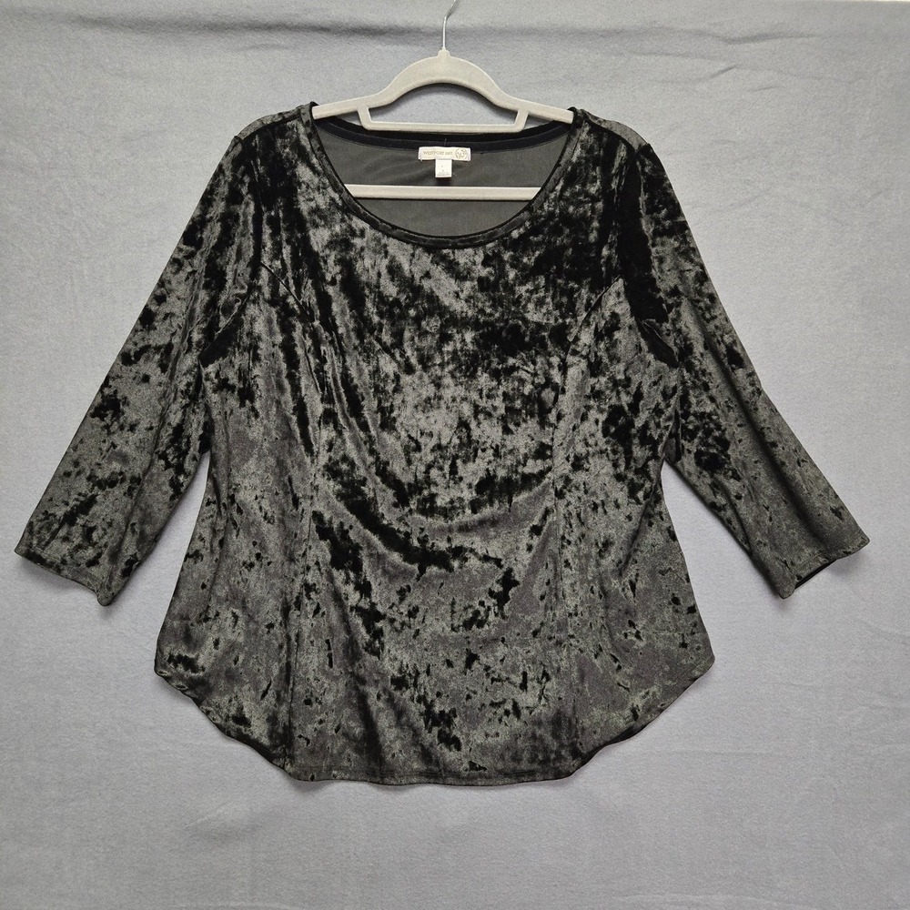 Whimsigoth Witchy Black Crushed Velvet 3/4 Sleeve Scoop Neck Top Large